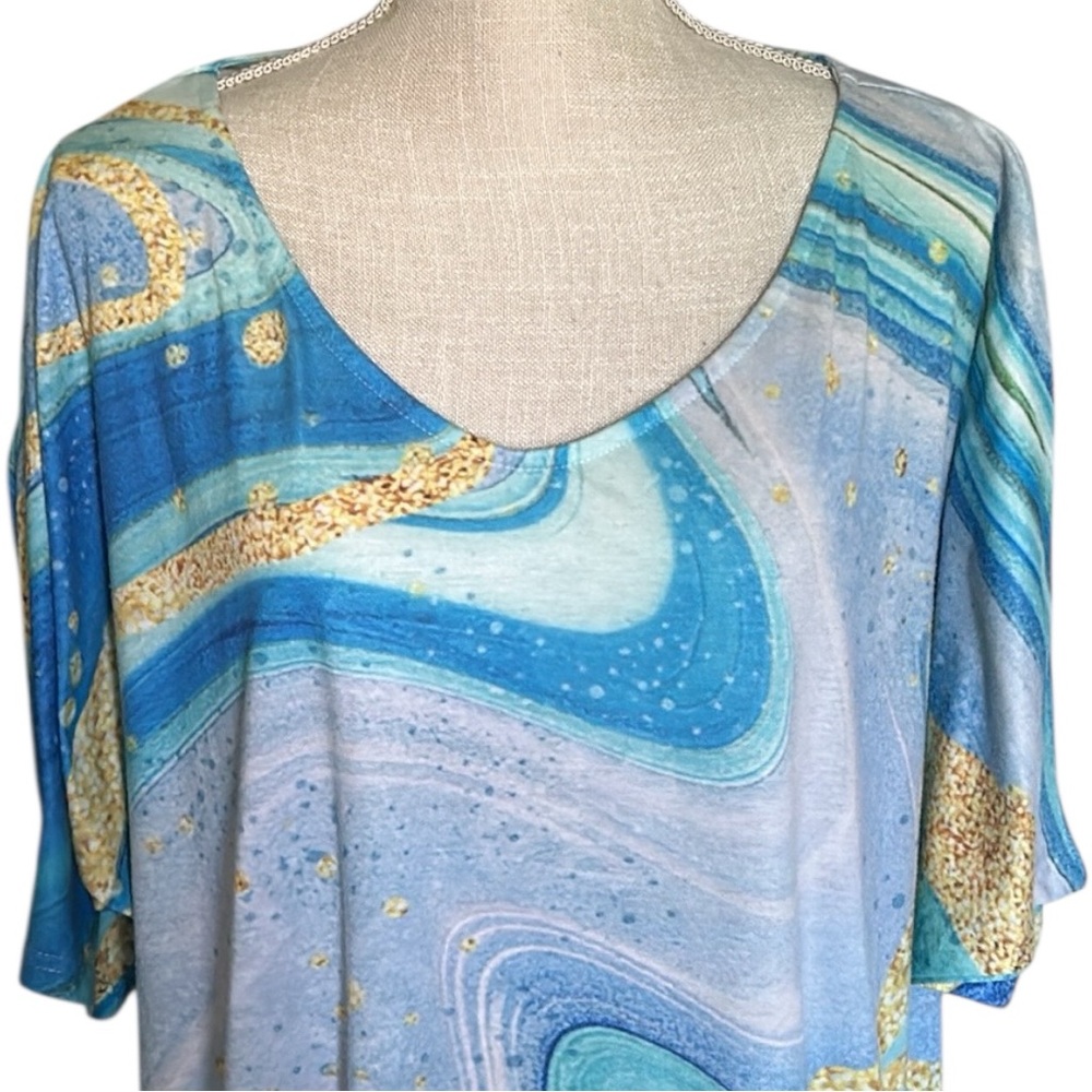 Aqua Blue & Gold Wavy Swirl Pattern Design Knit Top Short Sleeves Scoop Neck 5XL - Picture 2 of 16
